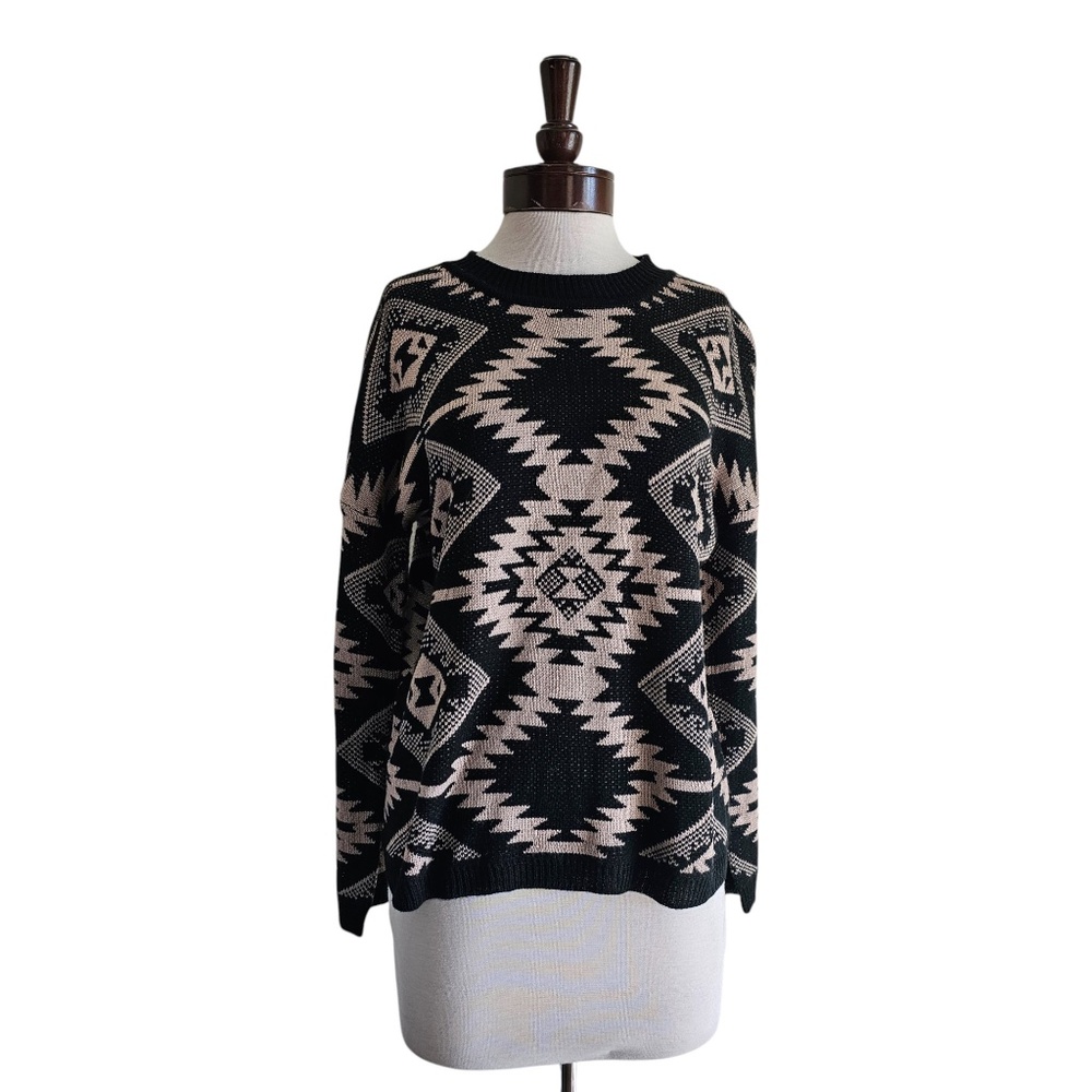 Lumiere Black & Beige Southwest-Inspired Knit Sweater – Size M – 100% Acrylic - Picture 2 of 3